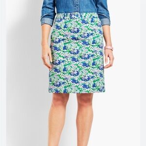 Talbots women 10 A-line stretchy floral print midi denim skirt boho spring
